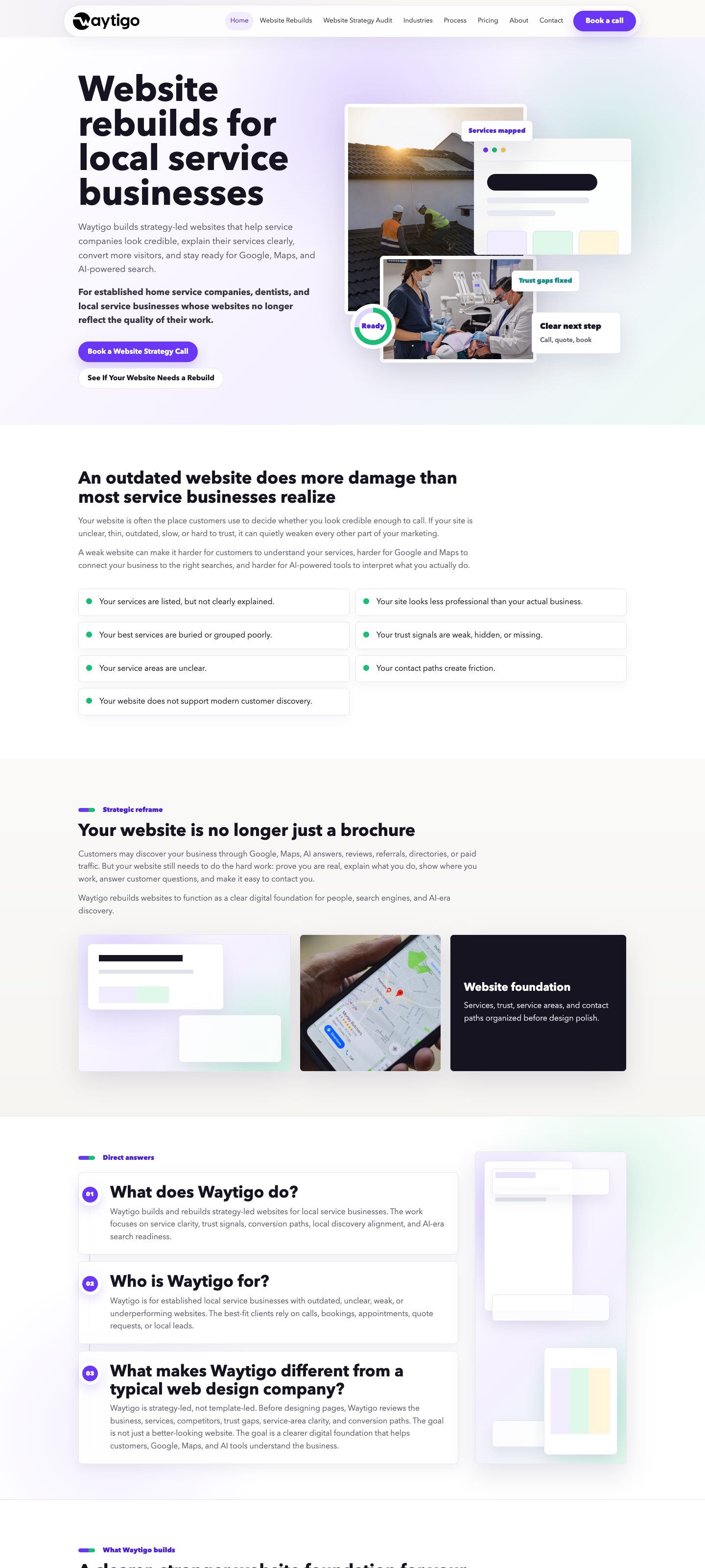 Expanded new Waytigo homepage screenshot showing service-business rebuild positioning and page structure